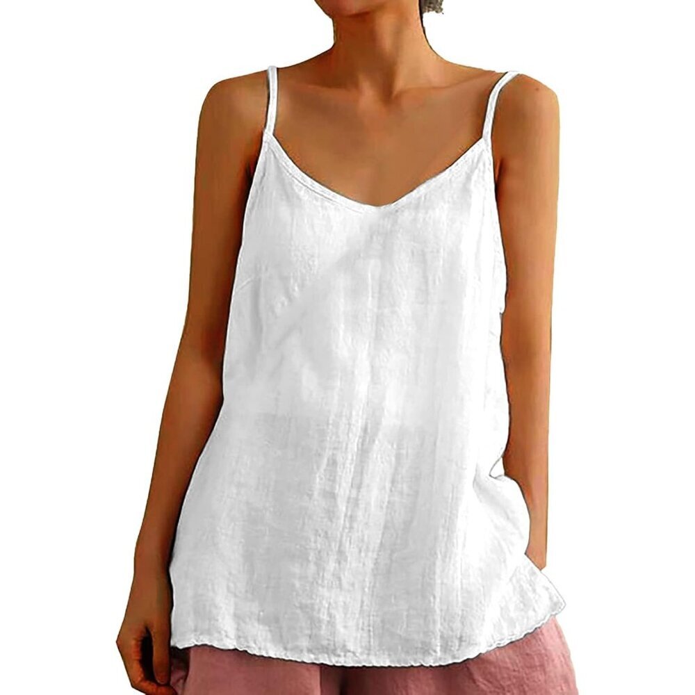 Women's Linen Tank Top Summer Sleeveless V Neck Casual Fit Camisole